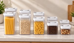 Amazon Basics 10-piece food storage set shown in five container sizes