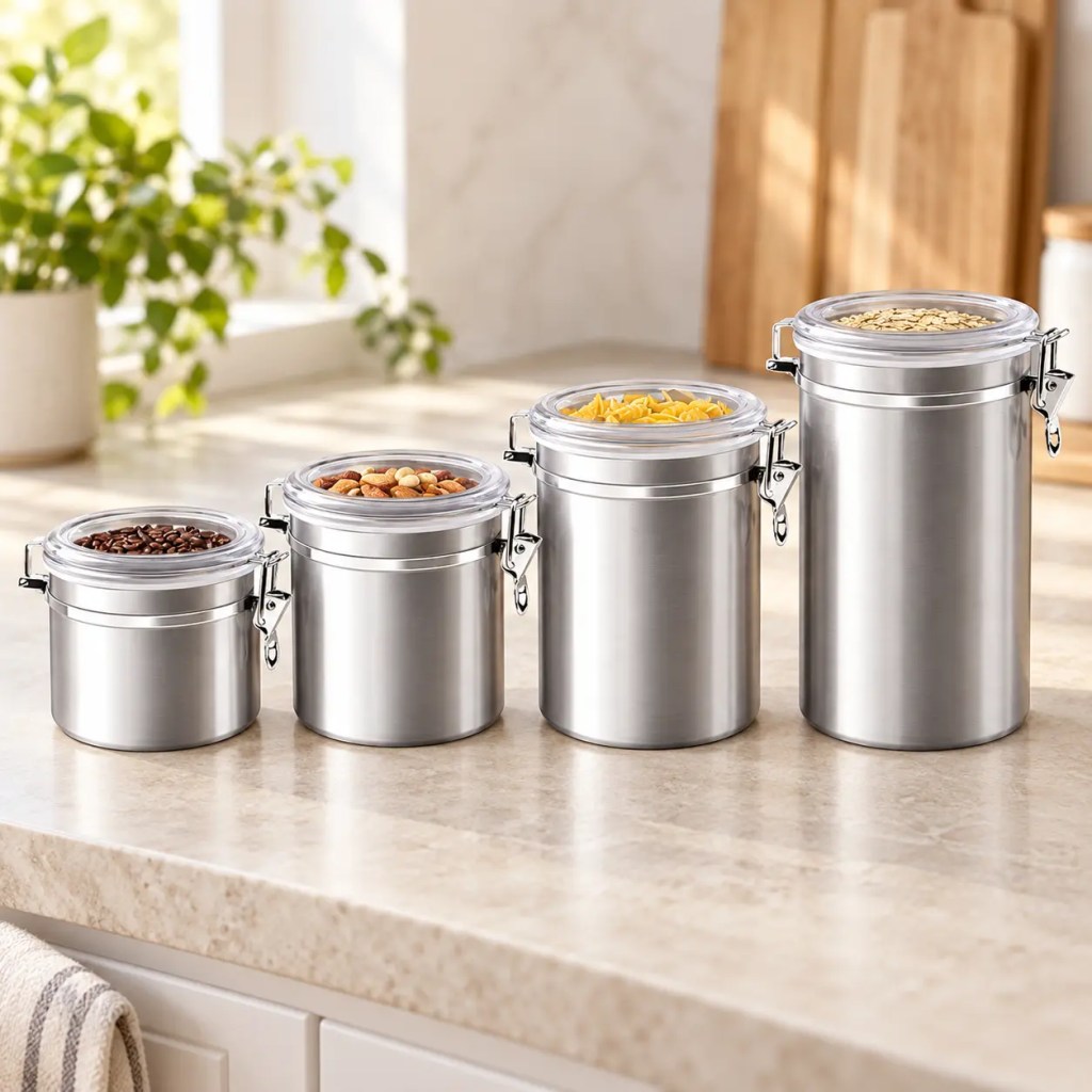 ENLOY 4-Piece Stainless Steel Canister Set arranged on a kitchen counter