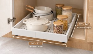 Fokyfok Pull Out Cabinet Organizer adjustable width and depth inside a cabinet