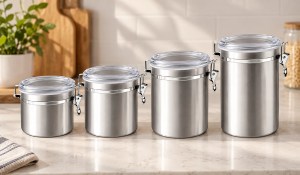 Four ENLOY stainless steel canisters arranged by size