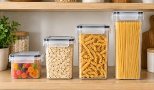 Four sizes of Vtopmart Airtight Food Storage Containers on a pantry shelf