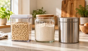 Generic plastic, glass, and stainless steel pantry containers shown side by side