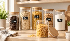 HomArtist glass jars organized with pantry labels