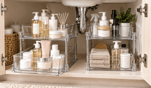 Vtopmart clear under-sink organizer with one drawer pulled forward