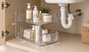 Vtopmart organizer dimensions shown beside under-sink plumbing